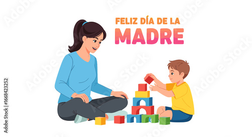Mother and son joyfully building a colorful block tower together, celebrating Mother's Day.