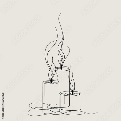 Elegant vector line art of three burning candles with flowing flames, perfect for spiritual, holiday, relaxation, and decorative design projects