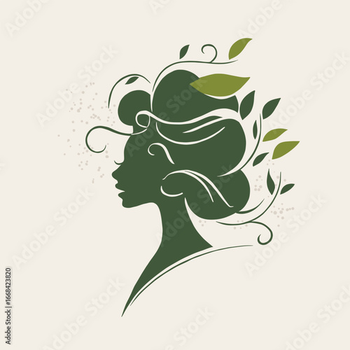 Creative vector illustration of a woman’s profile with flowing hair transforming into leaves, symbolizing nature, growth, and harmony, ideal for eco and design projects