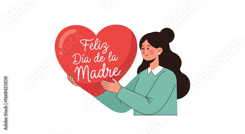Woman lovingly holds large heart, celebrating Mother's Day in Spanish.