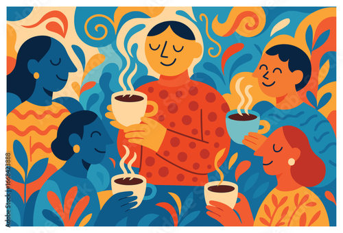 Vibrant coffee gathering vector art – cheerful, warm, and cozy socializing for coffee lovers