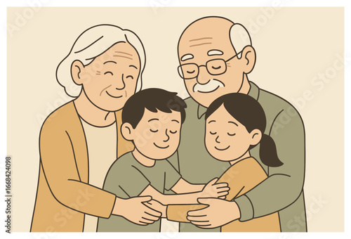 Generational embrace vector: heartwarming grandparents and children illustration for family unity