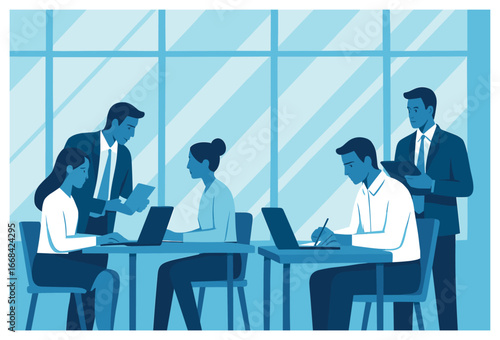 Modern office scene vector: collaborative workspace, teamwork, productivity, business atmosphere