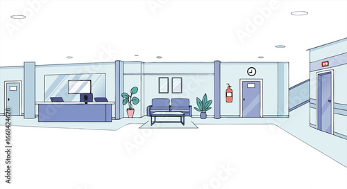 Modern office lobby interior design with waiting area and elevators
