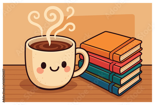Cozy coffee cup and books vector illustration - perfect for autumn and hygge concepts