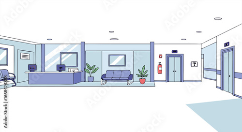 Modern office lobby interior design with waiting area and elevators
