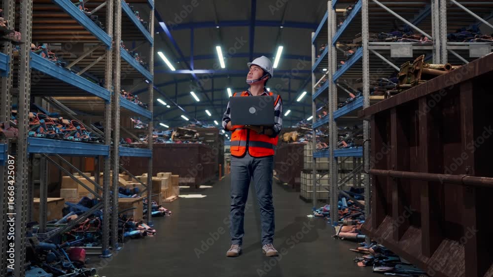 Full Body Of Asian Male Engineer With Safety Helmet Working On A Laptop And Looking Around While Standing, Industrial Scrap Metal and Recycling Warehouse Full Body Of Asian Male Engineer With Safety Helmet Working On A Laptop And Looking Around While Standing, Industrial Scrap Metal and Recycling Warehouse