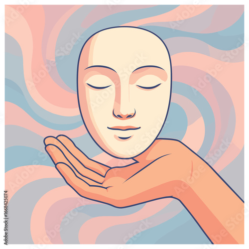 Abstract face in hand vector: introspection and serenity art for calm and peaceful spaces