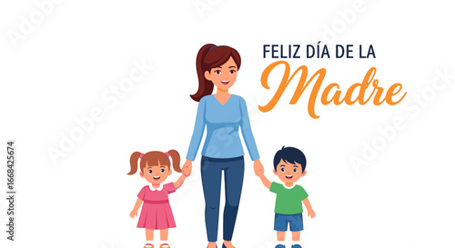 A mother holding hands with her two children, celebrating Mother's Day with text.