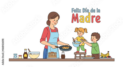 Illustration of a mother cooking pancakes with her two children, celebrating Mother's Day with "Feliz Día de la Madre" text.