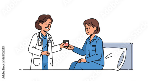 A friendly doctor hands a medicine container to a patient in bed.