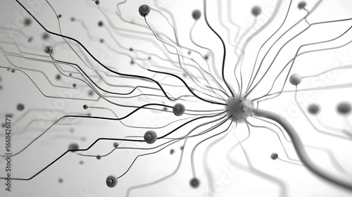 Abstract Representation of Neuron Network with Fluid Lines and Dots in Black and White