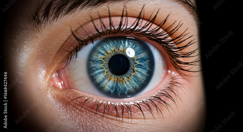 Fototapeta premium Detailed Close Up of Human Eye with Blue Iris and Long Eyelashes