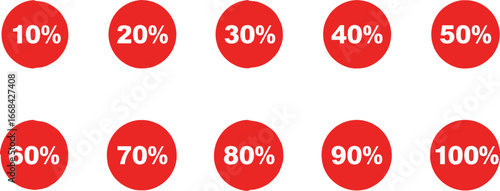 Collection of red circles displaying percentage discounts from 10% to 100%