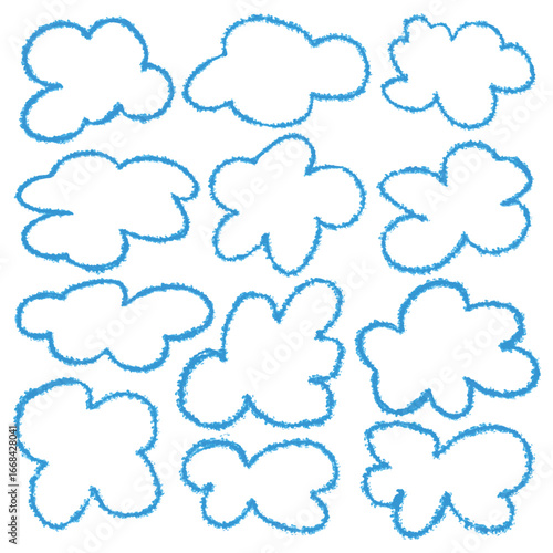 Set of clouds. Cloud icon. Blue line clouds. Different shape cartoon abstract white cloudy set isolated vector decoration element illustration. Weather climate symbol computing, cartoon bubble sign