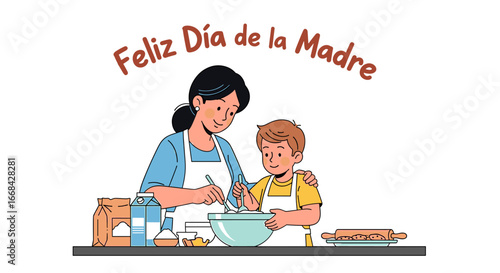 Cartoon illustration of a mother and son baking together, with "Feliz Día de la Madre" text.