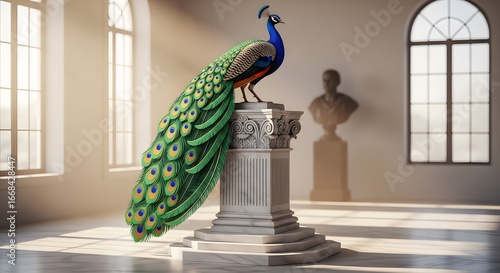 Peacock on Marble Pedestal in Sunlit Hall Illustration
