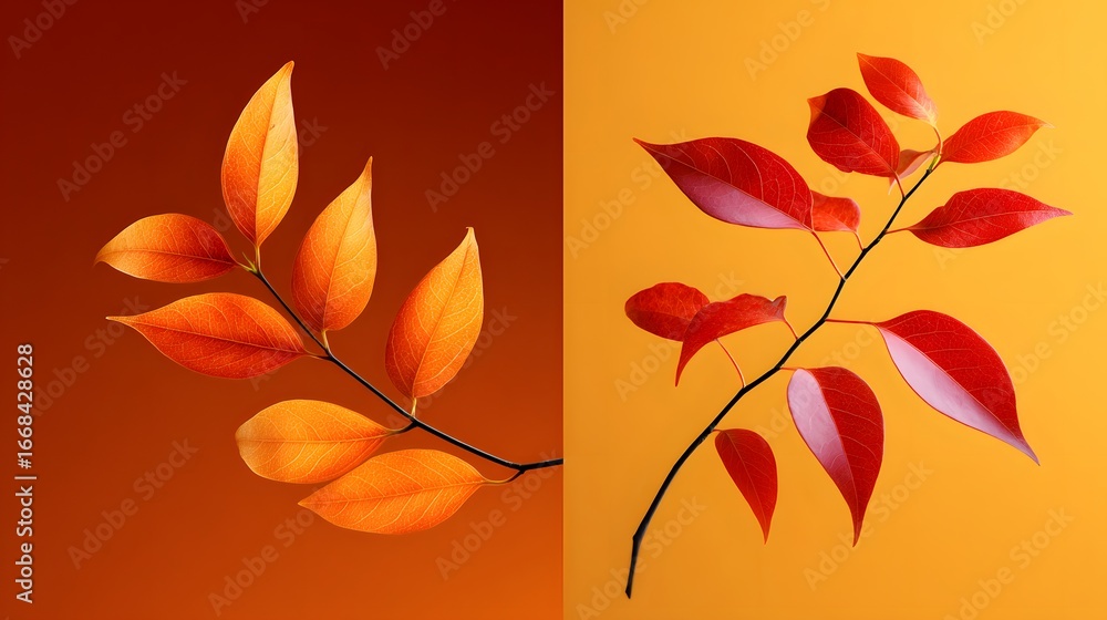 Fototapeta premium Close-Up of Colorful Autumn Leaves on Vibrant Background in Shades of Orange and Red