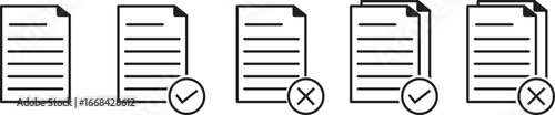 Document file icon set with check and cross marks representing approved, rejected, and pending status, simple line style paperwork symbols for digital, office, and business use.
