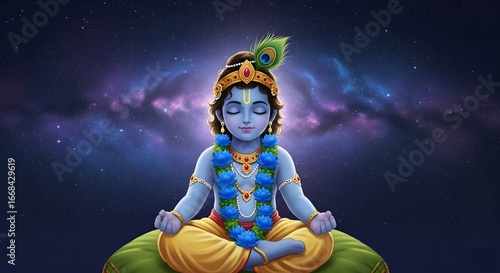 Serene Lord Krishna in Meditation with Cosmic Night Sky, Digital Illustration 