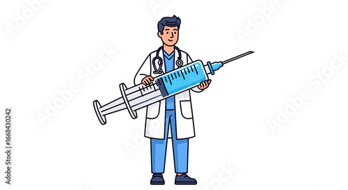 A doctor in a white coat holding an oversized syringe, ready for injection.
