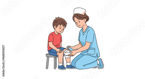 A nurse tending to a young boy's injured leg, applying a bandage.