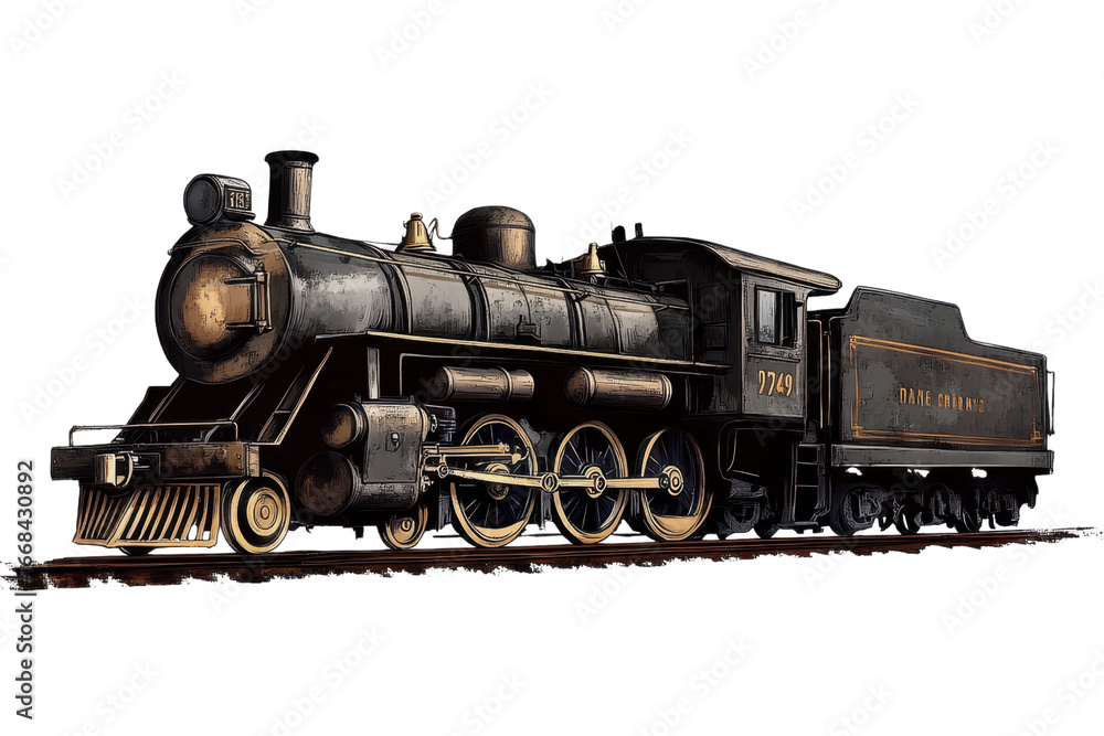 Naklejka premium Vintage steam locomotive illustration on transparent background- PNG style- perfect for digital art and design projects