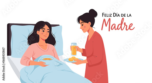 A caring daughter tending to a sick mother in bed, offering a nutritious meal on Mother's Day.