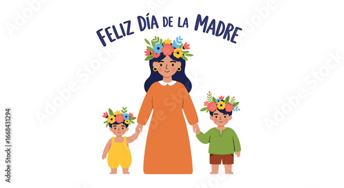 Mother's Day illustration: A mother and her two young children, each wearing floral crowns, stand together holding hands.