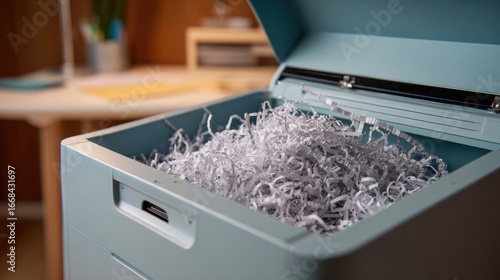 Close-up of a light teal paper shredder overflowing with shredded white paper.