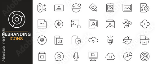 Line icons of corporate rebranding with digital content, logos, and media design.