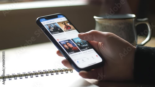 Person Browsing a Video App on a Smartphone by a Window