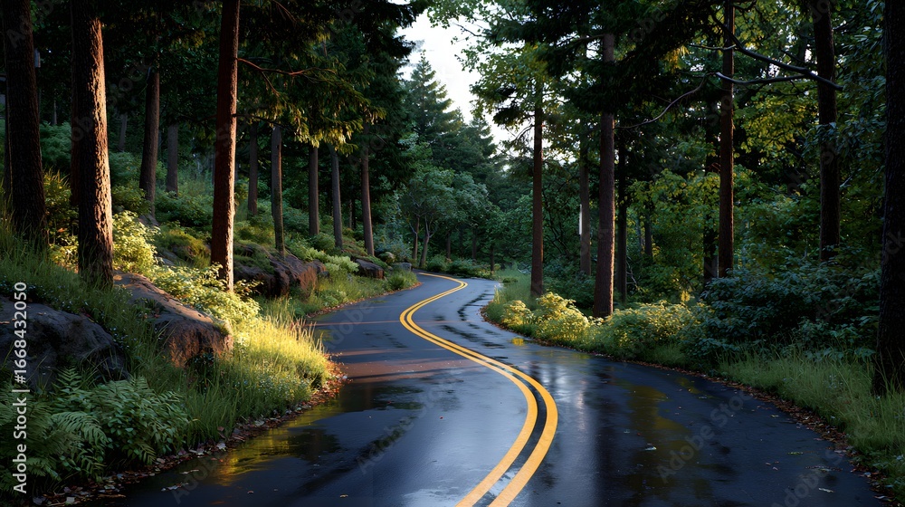 Fototapeta premium Winding Road Through Lush Green Forest in Bright Morning Sunlight After Rain