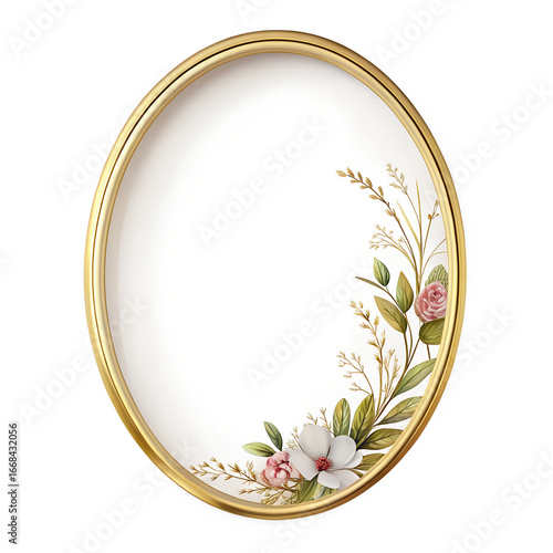 Elegant Oval Gold Frame with Watercolor Floral Design; Romantic, Delicate, and Luxurious.