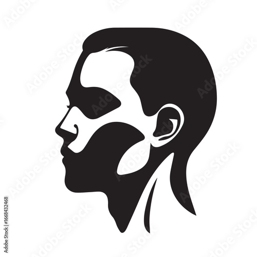 Vector art of black and white graphic illustration of a human head and face in profile