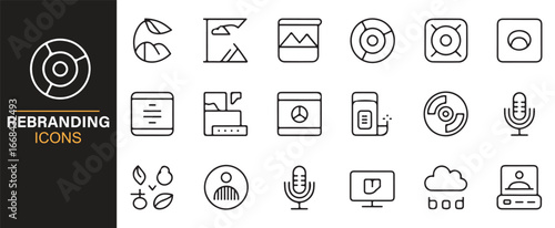 Collection of rebranding vector icons showing brand strategy, packaging, and logos.