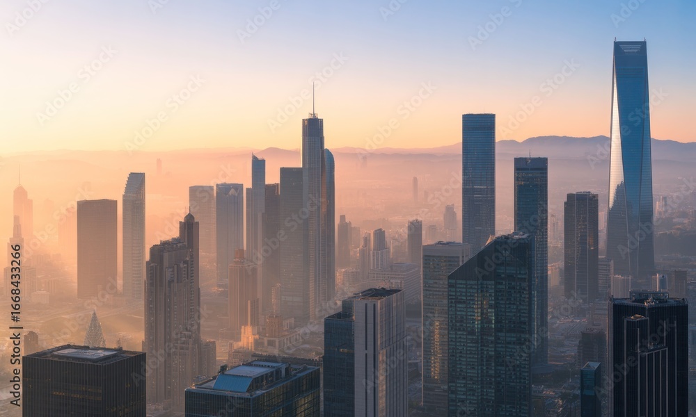Fototapeta premium City skyline at dawn, hazy sunrise