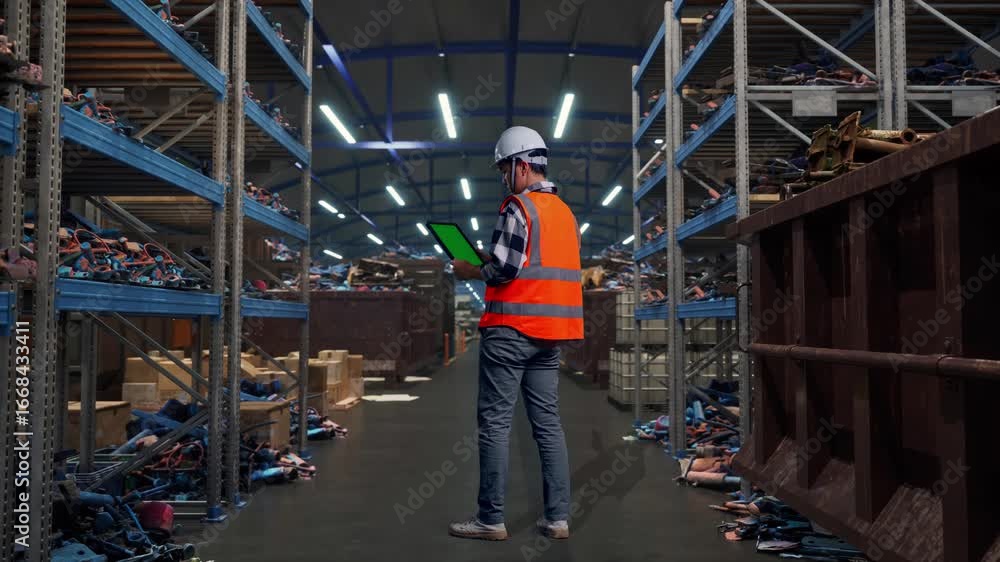 Full Body Back View Of Asian Male Engineer With Safety Helmet Working On A Green Screen Tablet And Looking Around While Standing, Industrial Scrap Metal and Recycling Warehouse