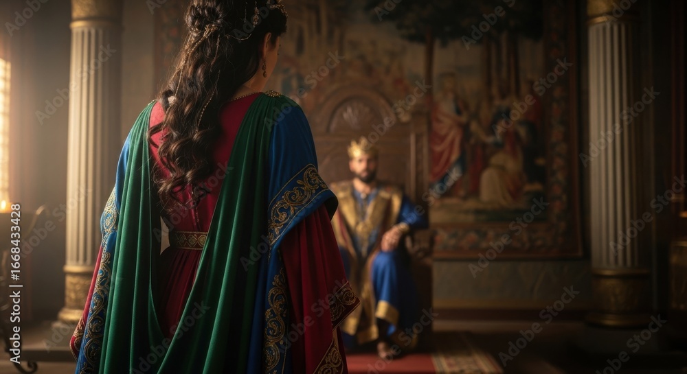 Naklejka premium Woman approaching king in palace hall, biblical story of Esther, queen approaching Artaxerxes, ancient history reenactment, drama costume
