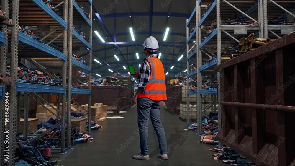 Full Body Back View Of Asian Male Engineer With Safety Helmet Working On A Green Screen Smartphone And Looking Around While Standing, Industrial Scrap Metal and Recycling Warehouse Full Body Back View Of Asian Male Engineer With Safety Helmet Working On A Green Screen Smartphone And Looking Around While Standing, Industrial Scrap Metal and Recycling Warehouse