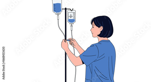 A nurse adjusts an IV drip stand, preparing fluids for a patient.