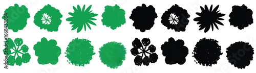 Tree top view line illustration. Vector set of blooming green tree isolated on white for landscape plan and architecture drawing, botanical elements for environment and garden flowers spring. Leaf ske