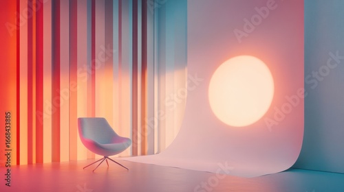 Modern chair in colorful room with backlit curved backdrop.