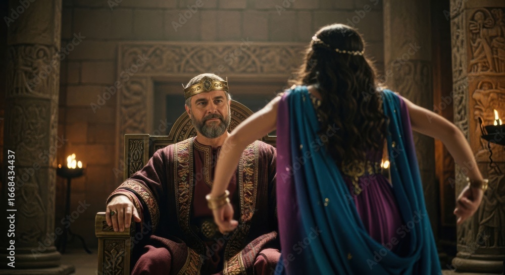 Naklejka premium Salome dances before Herod as powerful king sits on a majestic throne in a stone hall. Biblical scene.