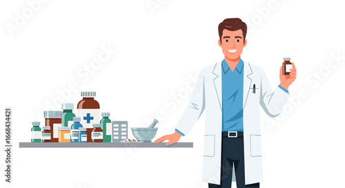 A smiling pharmacist stands, holding a medicine bottle, with various medications displayed on a shelf.