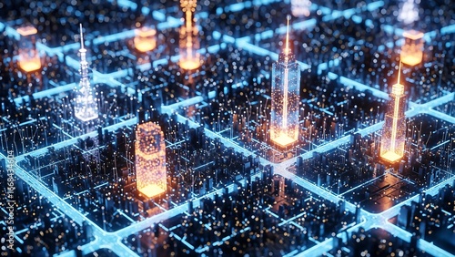 An aerial view of a futuristic digital cityscape with glowing data lines and skyscrapers, symbolizing a smart city network.