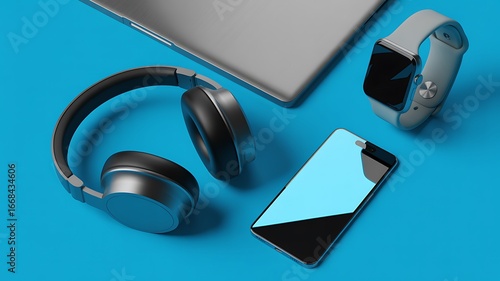 Tech with Smartphone, Headphones, and Smartwatch on Cyan Blue Background