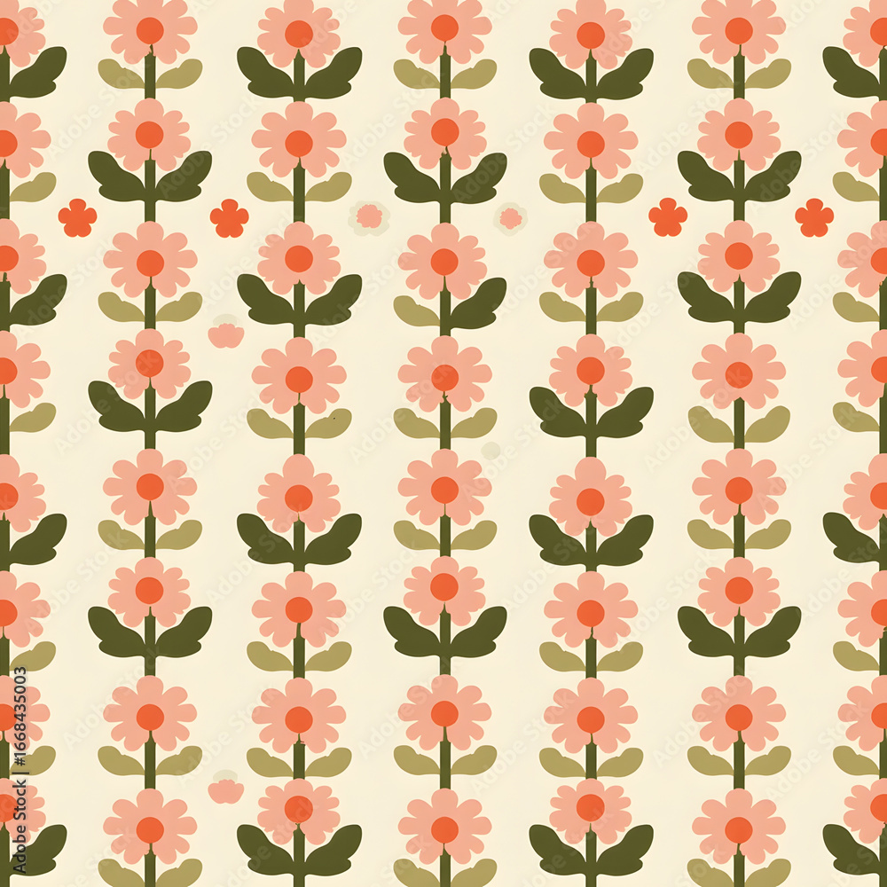 A retro floral pattern featuring rows of stylized flowers and green leaves. A retro floral pattern featuring rows of stylized flowers and green leaves.