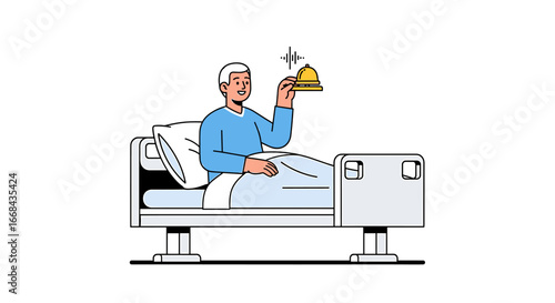 Elderly patient in hospital bed, holding a service bell, expressing happiness.