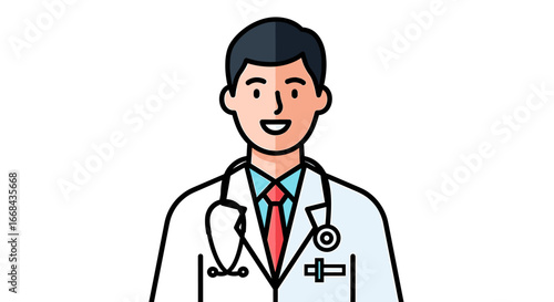 A smiling male doctor in a white coat with a stethoscope around his neck, ready to help.